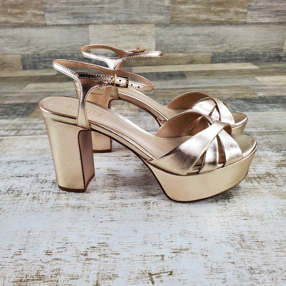 Schutz Keefa Womens Platform Sandal Sz 8.5B Gold Metallic Ankle Strap Block Heel